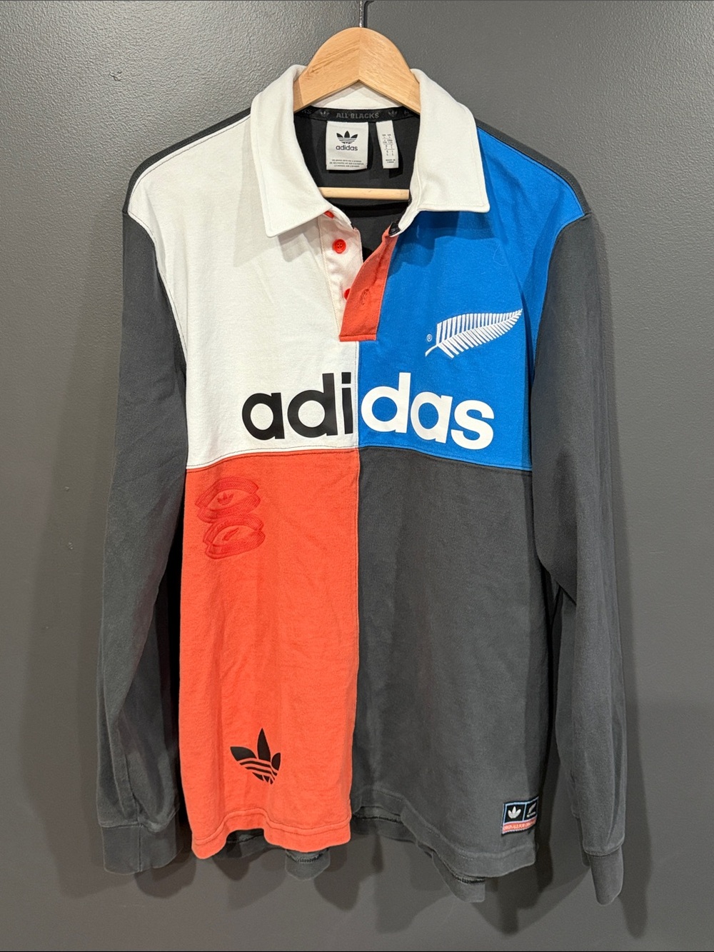adidas Colorblock Long-Sleeve Rugby Polo in White, Blue, Red, Gray